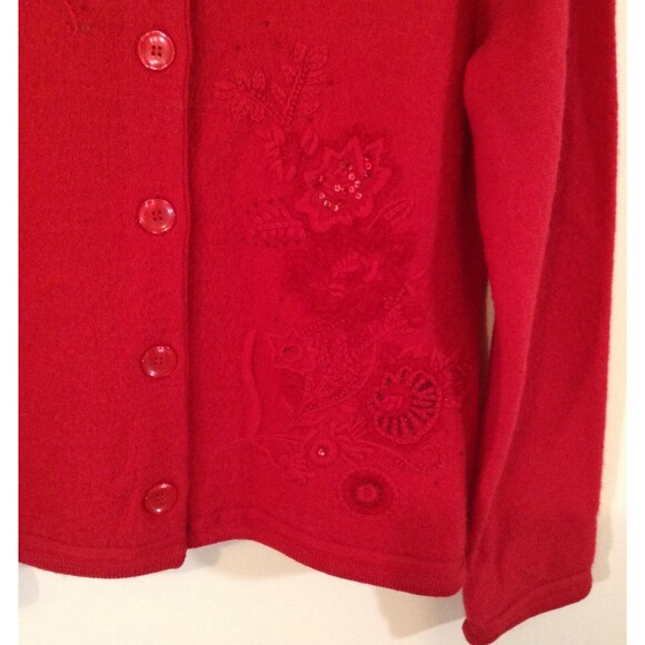 Vtg Cardigan Sweater Wmn M Red 100% Wool Floral Embroidered Grandma Cottage Y2K - Picture 7 of 12